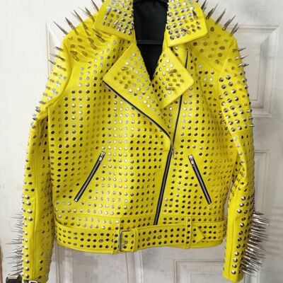 Men brando jacket full yellow punk silver long spiked studded leather jacket