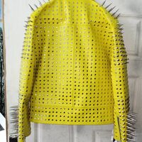 Men Brando Jacket Full yellow Punk Silver Long Spiked Studded Leather jacket - Thumbnail 1