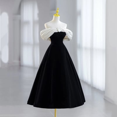 Black velvet short prom dress, black off shoulder evening dress