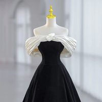 Black Velvet Short Prom Dress, Black Off Shoulder Evening Dress - Thumbnail 1