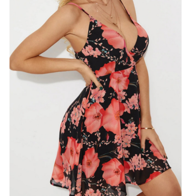 Printed v-neck sexy sling mini dress