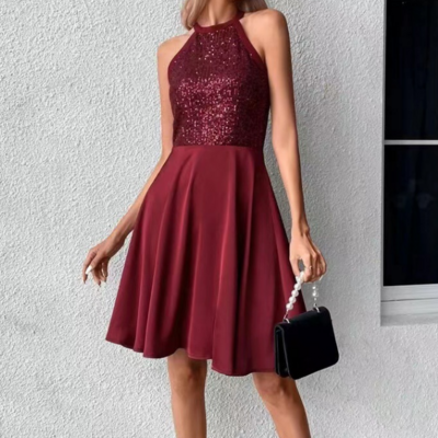 Slim fashion solid color sequin splicing sleeveless dress