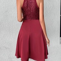 Slim Fashion Solid Color Sequin Splicing Sleeveless Dress - Thumbnail 4