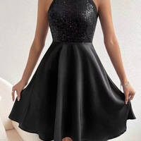 Slim Fashion Solid Color Sequin Splicing Sleeveless Dress - Thumbnail 3