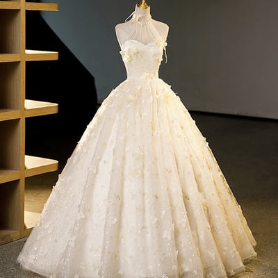 Champagne halter tulle long ball gown, beautiful a-line prom dress - Thumbnail 1