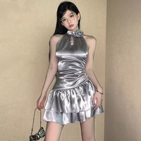 Flower Halter Neck Collar Hot Sexy Silver Summer Night Party Short Dress - Thumbnail 2