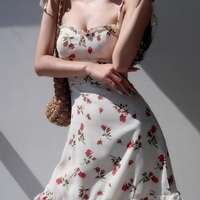 Vintage Retro French Flower Floral Sundress Strap Holiday Summer Dress - Thumbnail 4