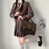 Retro Vintage Student Brown Black Leather Crown Crest Academia School College Bag - Thumbnail 4