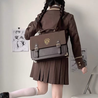 Retro vintage student brown black leather crown crest academia school college bag