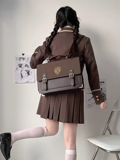 Retro Vintage Student Brown Black Leather Crown Crest Academia School College Bag