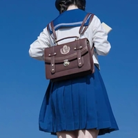 Retro Vintage Student Brown Black Leather Golden Button Crest Academia School College Bag - Thumbnail 2