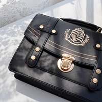 Retro Vintage Student Brown Black Leather Golden Button Crest Academia School College Bag - Thumbnail 9