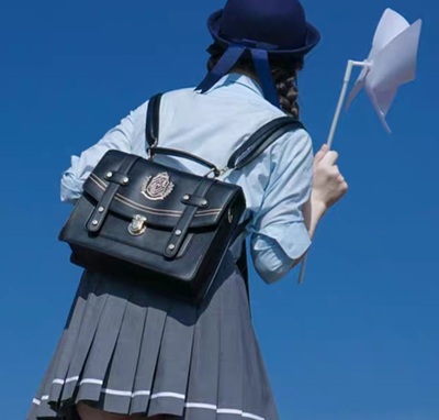 Retro Vintage Student Brown Black Leather Golden Button Crest Academia School College Bag