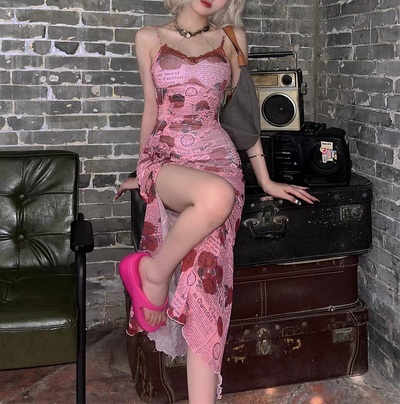 Rose Red Flower Floral Newspaper Pattern Lace French Summer Spring Long Dress