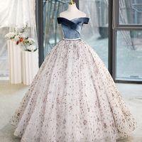 Blue Velvet and Shiny Tulle Long Ball Gown, Cute Off Shoulder Evening Dress - Thumbnail 1