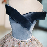 Blue Velvet and Shiny Tulle Long Ball Gown, Cute Off Shoulder Evening Dress - Thumbnail 2