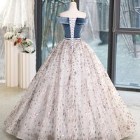 Blue Velvet and Shiny Tulle Long Ball Gown, Cute Off Shoulder Evening Dress - Thumbnail 4