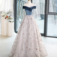 Blue Velvet and Shiny Tulle Long Ball Gown, Cute Off Shoulder Evening Dress - Thumbnail 5