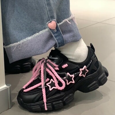 Kawaii cute girly pink stars y2k girl japanese women thick soles black sporty sneaker running shoes