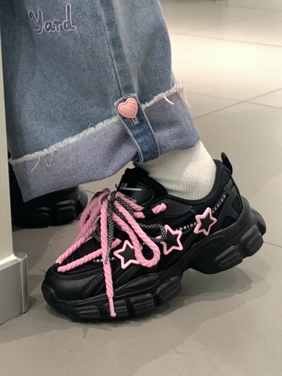 Kawaii Cute Girly Pink Stars Y2K Girl Japanese Women Thick Soles Black Sporty Sneaker Running Shoes