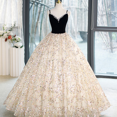 Black velvet and shiny tulle long ball gown, cute v-neck evening dress - Thumbnail 1