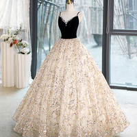 Black Velvet and Shiny Tulle Long Ball Gown, Cute V-neck Evening Dress - Thumbnail 1