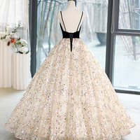 Black Velvet and Shiny Tulle Long Ball Gown, Cute V-neck Evening Dress - Thumbnail 2