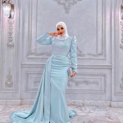 Baby blue mermaid beading long sleeve  muslim prom dress evening dress