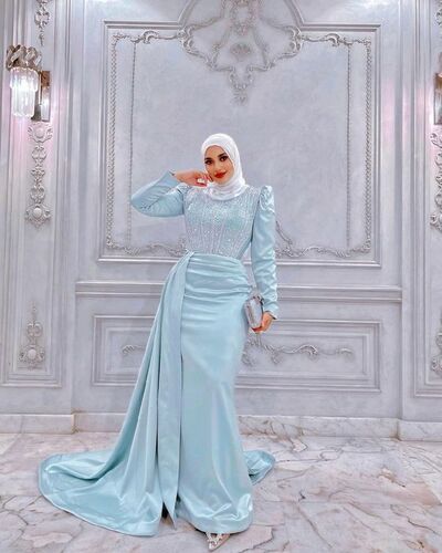 Baby Blue Mermaid Beading Long Sleeve  Muslim Prom Dress Evening Dress