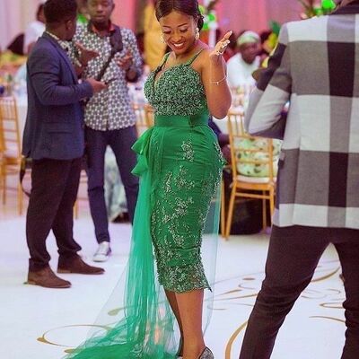 Green mermaid lace appliquestea-length african prom dress evening dress