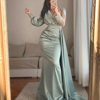 Baby blue mermaid lace appliques muslim prom dress evening dress