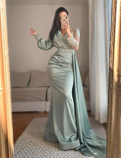 Baby Blue Mermaid Lace Appliques Muslim Prom Dress Evening Dress