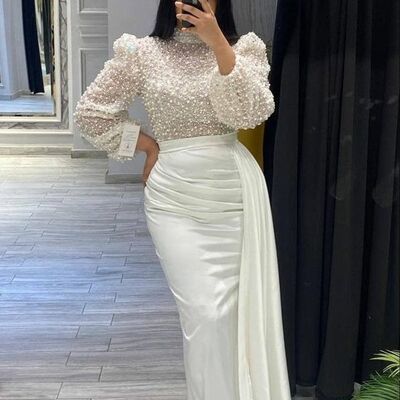 White mermaid perals muslim prom dress evening dress
