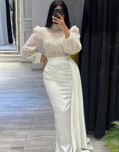 White Mermaid Perals Muslim Prom Dress Evening Dress