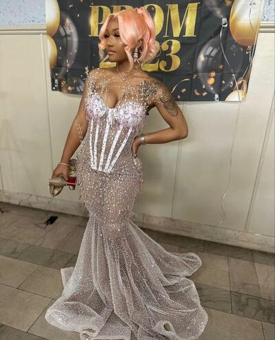 Sliver Sexy Sequins Lace African Prom Dress Evening Dress