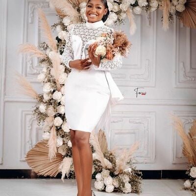 Simple lace high neck tea-length african wedding dress bridal gown - Thumbnail 4