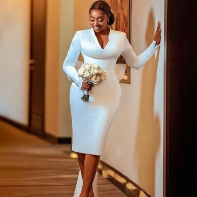 Simple sheath long sleeve tea-length african wedding dress bridal gown