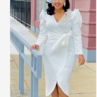 Simple sheath lace long sleeve tea-length african wedding dress bridal dress