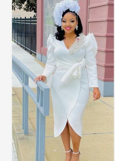 Simple Sheath Lace Long Sleeve Tea-length African Wedding Dress Bridal Dress