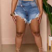 Solid Color Stretch Denim Stretch Shorts - Thumbnail 2