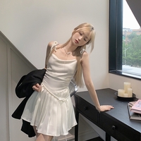 Pearl Chain Balletcore Coquette Elegant Cute Suspender Strap Bow Pleated White Silver Satin Dress - Thumbnail 3