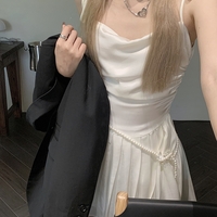 Pearl Chain Balletcore Coquette Elegant Cute Suspender Strap Bow Pleated White Silver Satin Dress - Thumbnail 5