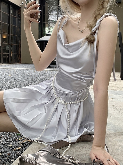 Pearl Chain Balletcore Coquette Elegant Cute Suspender Strap Bow Pleated White Silver Satin Dress