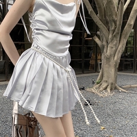 Pearl Chain Balletcore Coquette Elegant Cute Suspender Strap Bow Pleated White Silver Satin Dress - Thumbnail 6
