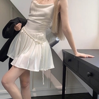 Pearl Chain Balletcore Coquette Elegant Cute Suspender Strap Bow Pleated White Silver Satin Dress - Thumbnail 1