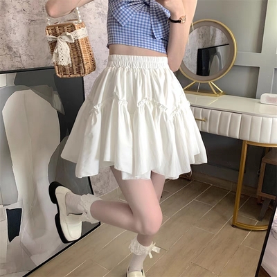 Coquette Summer Spring Girl Women White Black High Waist Gathered A Line Skirt