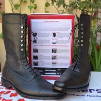 Military Style Black Genuine Leather Long Ankle High Lace up Army Boot - Thumbnail 1