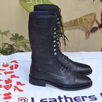 Military Style Black Genuine Leather Long Ankle High Lace up Army Boot - Thumbnail 2