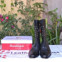 Military Style Black Genuine Leather Long Ankle High Lace up Army Boot - Thumbnail 3