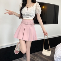 Summer Spring Girl Women White Black Pink High Waist Belt Pleated Skirt - Thumbnail 1